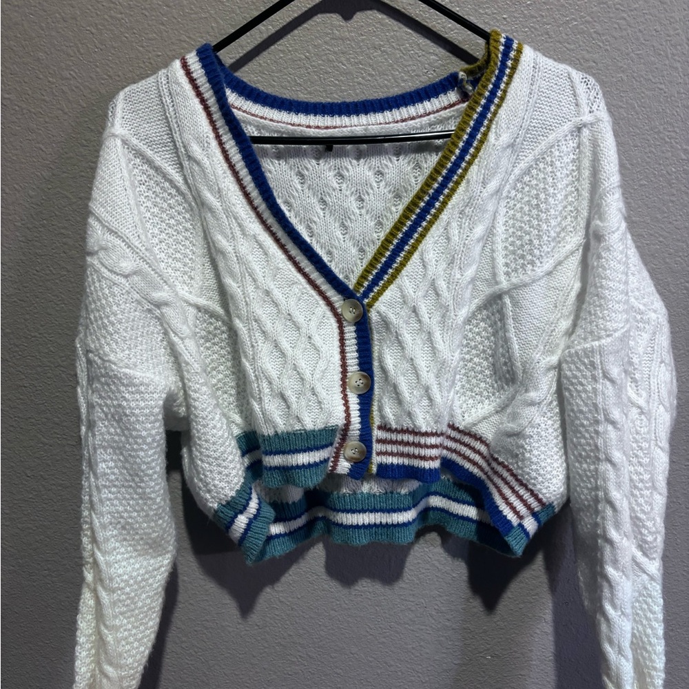 White and Blue Cable Knit Cardigan Sweater - Picture 2 of 2